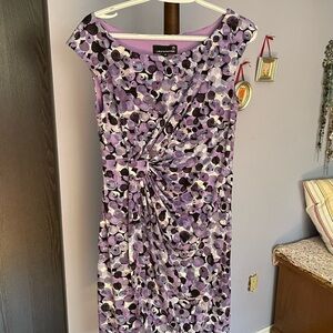 Flattering purple-print dress in stretch polyester by Laura Petites, size 10